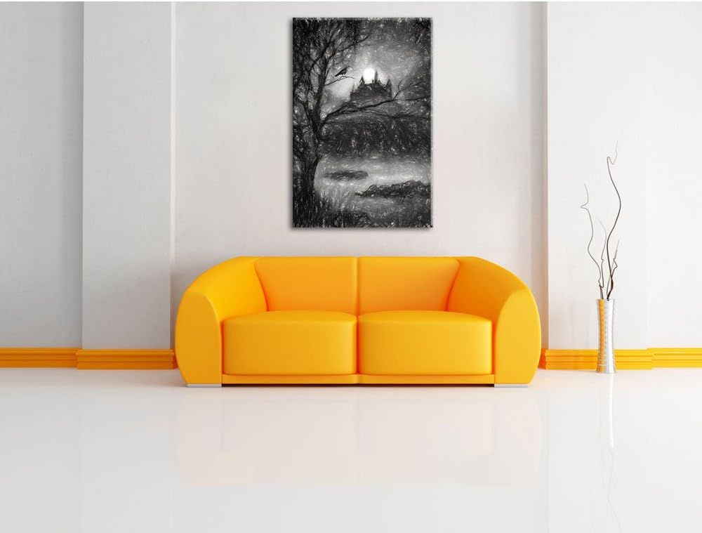 düstere Burg Kohle Effekt, Format: 100x70 auf Leinwand, XXL riesige Bilder fertig gerahmt mit Keilra