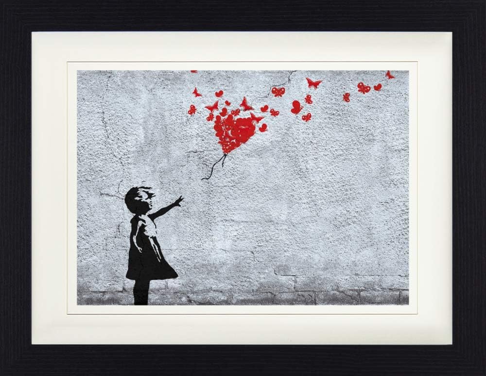 1art1 Mädchen Poster Mädchen Mit Luftballon Und Schmetterlingen, Banksy-Style Gerahmtes Bild Mit Edl