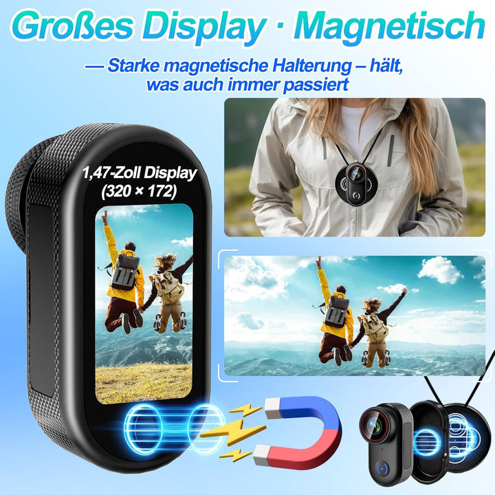 Mini Action Kamera 4K 44g Helmkamera Bodycam Motorrad Outdoor | 1,47 Zoll Display, Vertikalmodus, 14