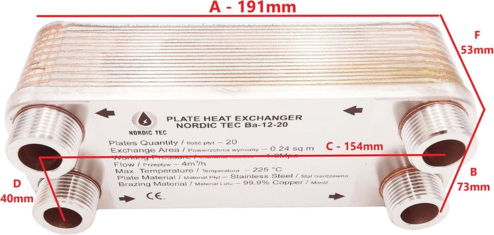 Edelstahl Plattenwärmetauscher Nordic Tec Ba-12-20 20 Platten 45kW 3/4” mit Wandbefestigung und Verb