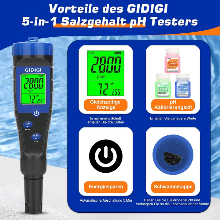 pH Messgerät Salztester für Pool,Digitales 5-in-1 pH TDS EC Salzgehaltmessgerät mit Kalibrierungslös
