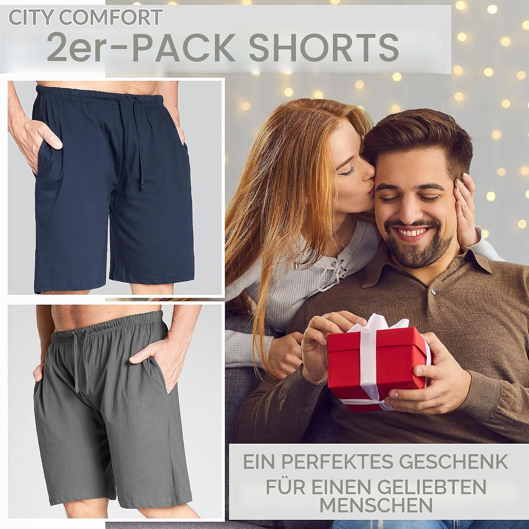 CityComfort Pyjama Shorts Herren, Kurze Schlafanzughose Herren mit Seitentaschen &amp; Elastischem Bund
