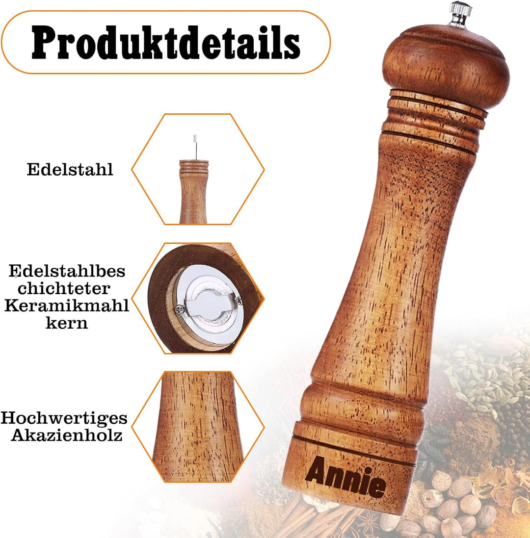 Personalisierte Salz und Pfeffermühle Holz Set Angefertigt Manuelle Salzmühle mit Text Name Holz Müh
