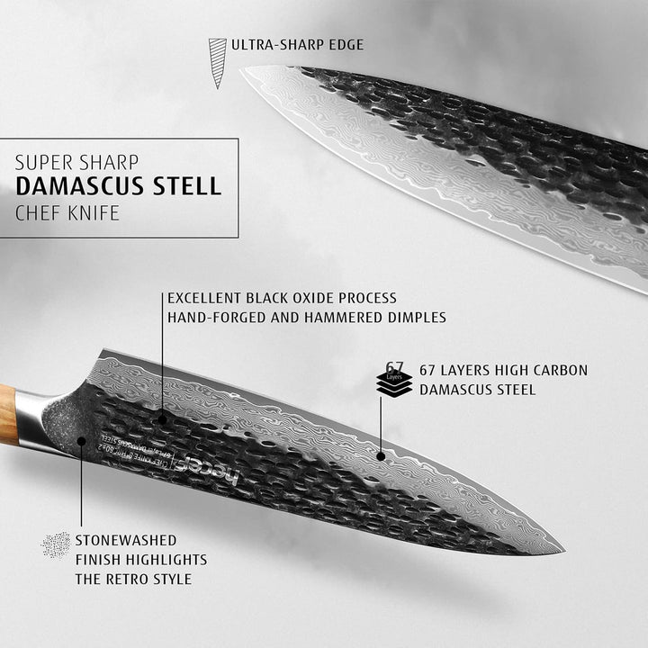 hecef Damastmesser Kochmesser 20CM, Profi Küchenmesser Chefmesser, Ultrascharfer Japanisches Messer,