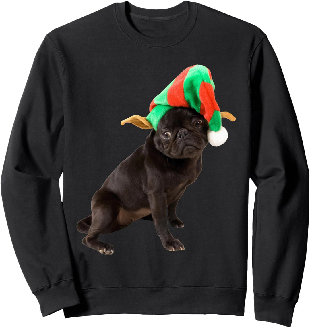 Süsser schwarzer Mops-Welpen-Elfen-Hut, Ohren-Bild, Weihnachten, Hund, Mops Sweatshirt