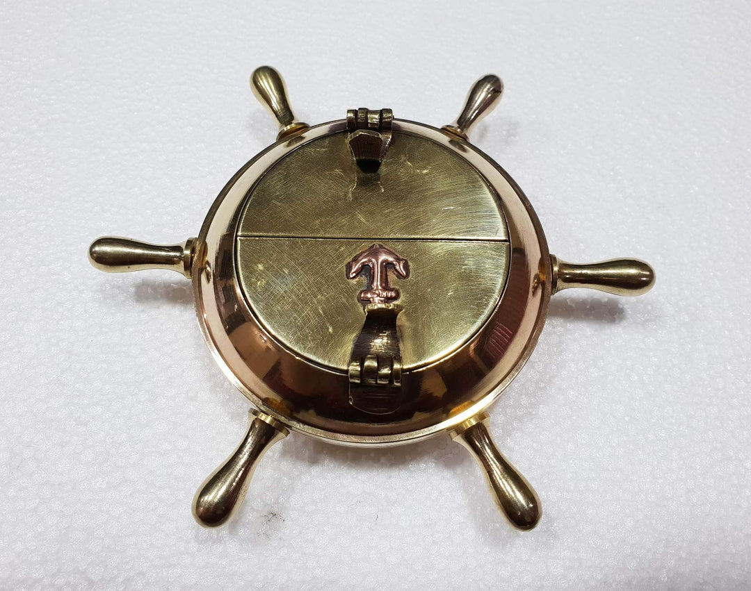Antique Vintage Messing Schiffsrad Aschenbecher Anker Inay 12,7 cm nautisches Zigarrenetui