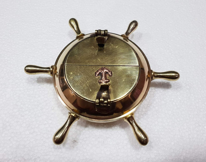 Antique Vintage Messing Schiffsrad Aschenbecher Anker Inay 12,7 cm nautisches Zigarrenetui
