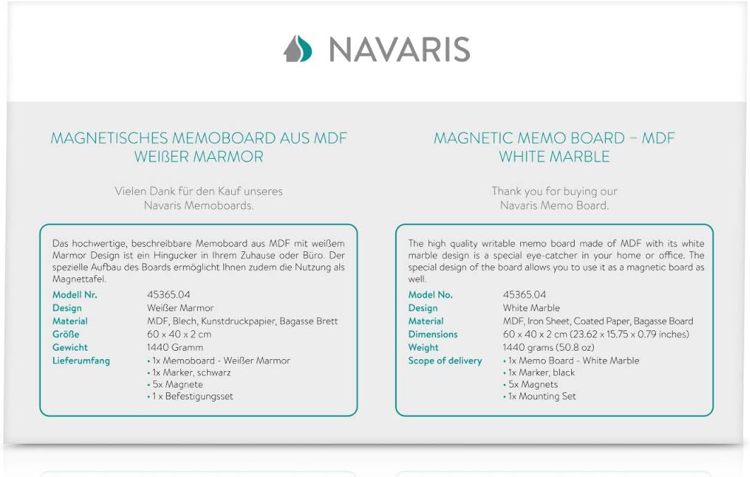 Navaris Magnettafel Magnetpinnwand Memoboard zum Beschriften - 60x40 cm Notiztafel div. Designs - Ta