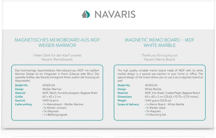 Navaris Magnettafel Magnetpinnwand Memoboard zum Beschriften - 60x40 cm Notiztafel div. Designs - Ta