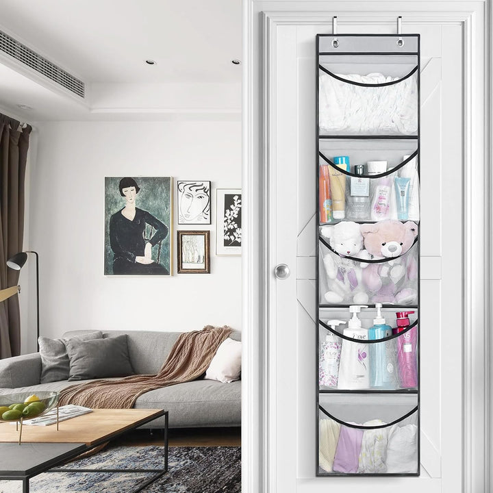 Hängeregal, Hängeorganizer mit 5 Netztaschen und 8 Klettband, Hängeaufbewahrung Schrank Kuscheltier