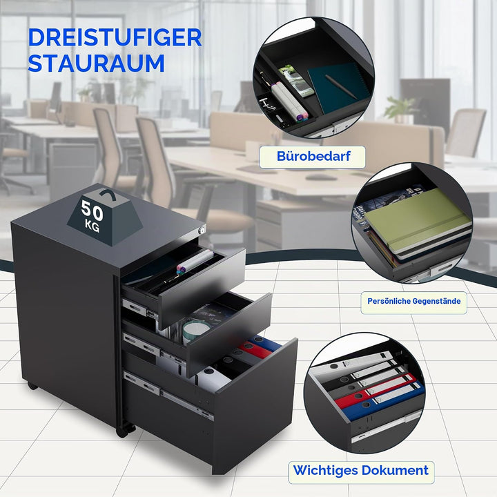 FLEXISPOT Rollcontainer mit 3 Schubladen, mobiler Aktenschrank mit Rollen, Schubladenschrank Bürosch