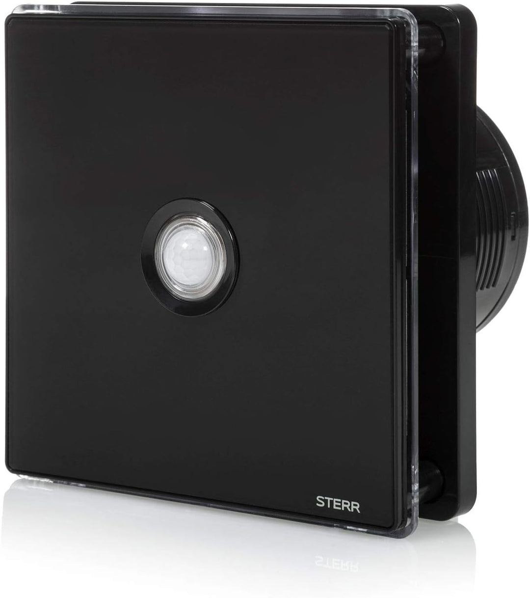 STERR Schwarzer Badlüfter 100 mm mit LED + PIR - Badezimmerventilator - Glasfront - Modernes Aussehe