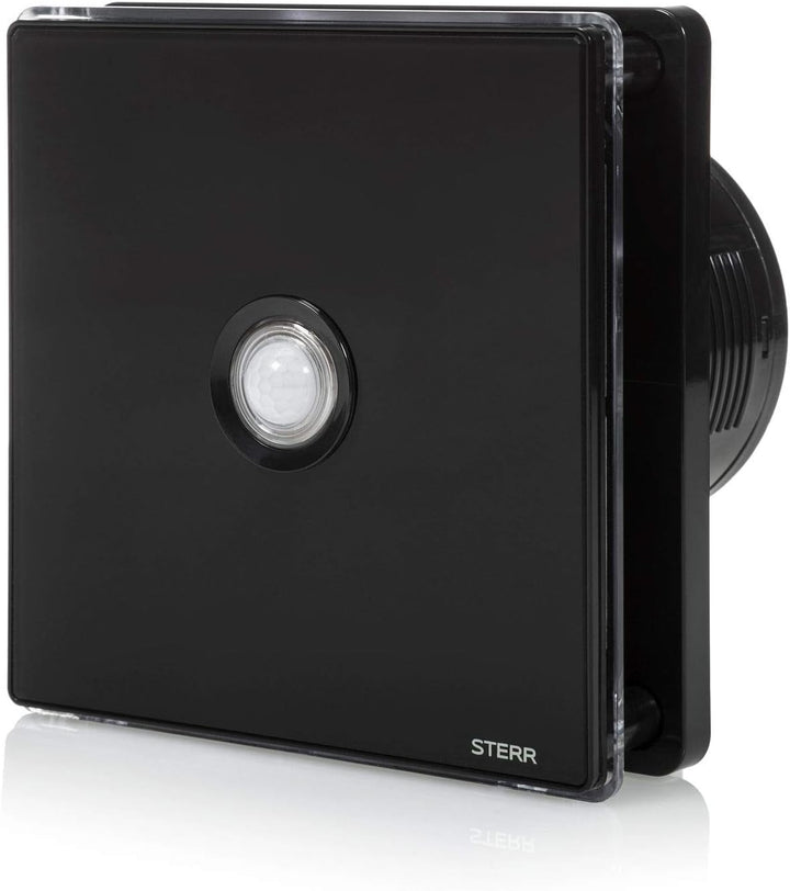 STERR Schwarzer Badlüfter 100 mm mit LED + PIR - Badezimmerventilator - Glasfront - Modernes Aussehe