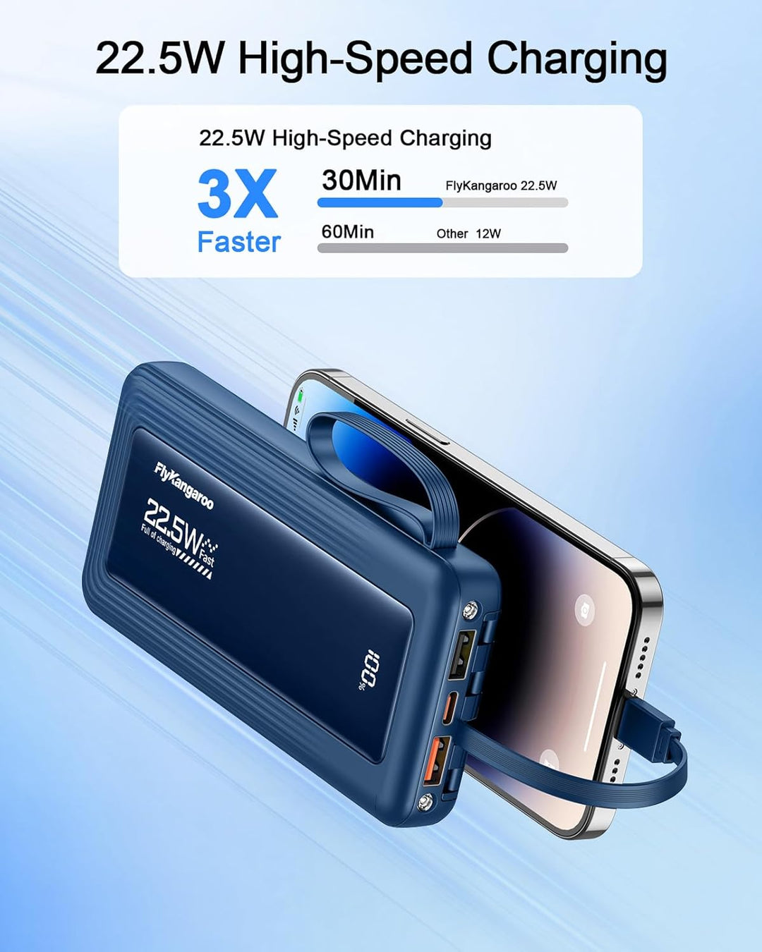 Powerbank mit integrierten Kabeln, 10000mAh, 22,5W Schnellladefunktion, USB-C LED-Anzeige, tragbares