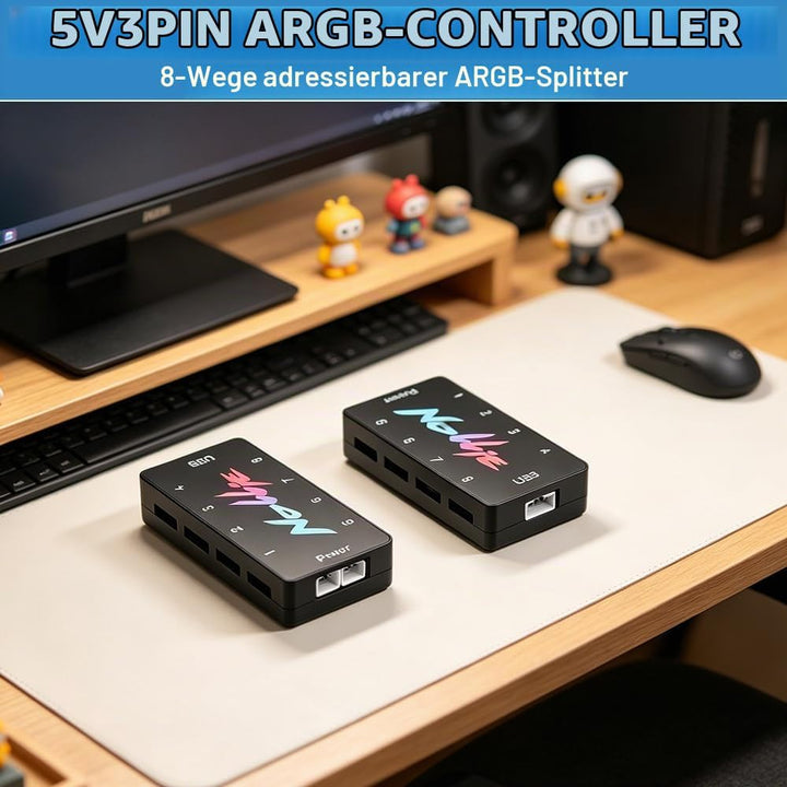 ARGB Controller, HOVCEH 5V 3PIN RGB Controller, PC Fan Hub mit 2 SATA Power 8 Port, RISC-V-Kernproze