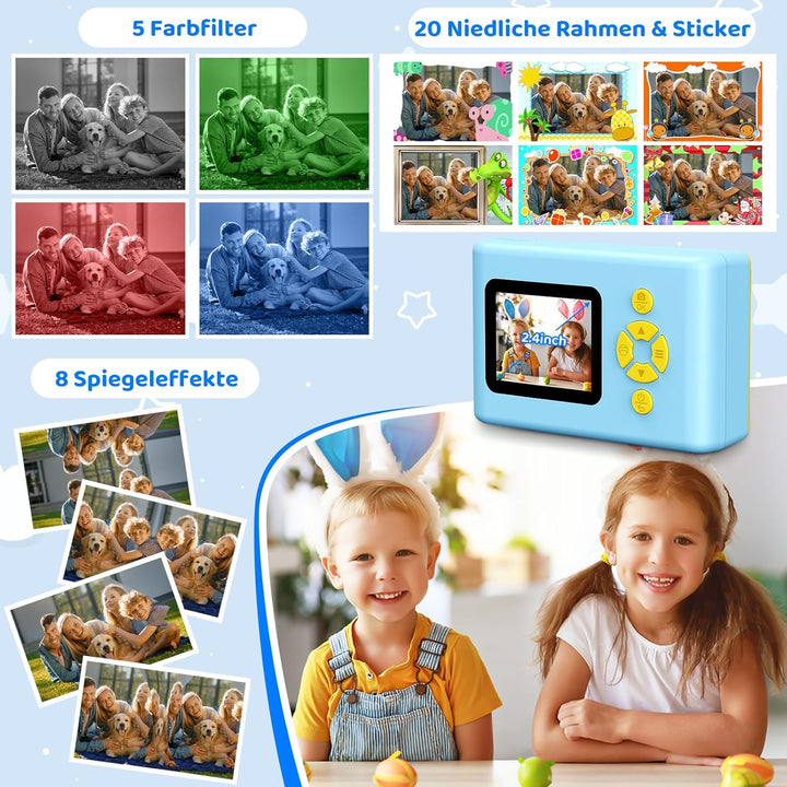 Kinderkamera Sofortbildkamera, 20MP 1080P Digitalkamera mit 2,4-Zoll-Display, 3 Rollen Farbfotopapie