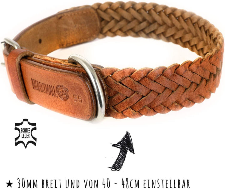 Monkimau Halsband für Hunde aus echt Leder geflochten verstellbar (S 27-33cm (20mm)) XS-S: 18mm x 40