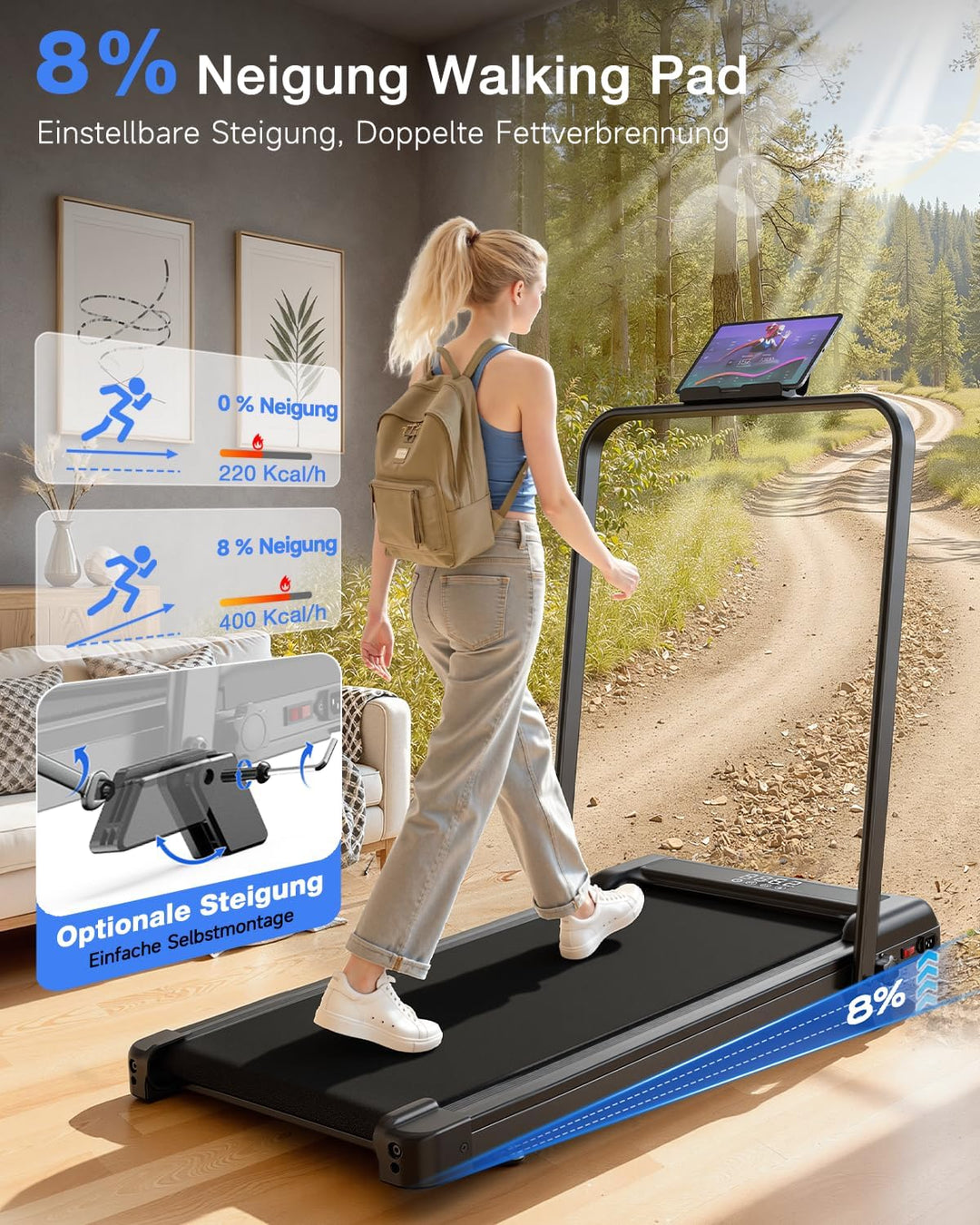 HomeFitnessCode Laufband mit Neigung - Walking Pad Laufpad für Zuhause Klein Mini Walkpad mit Steigu