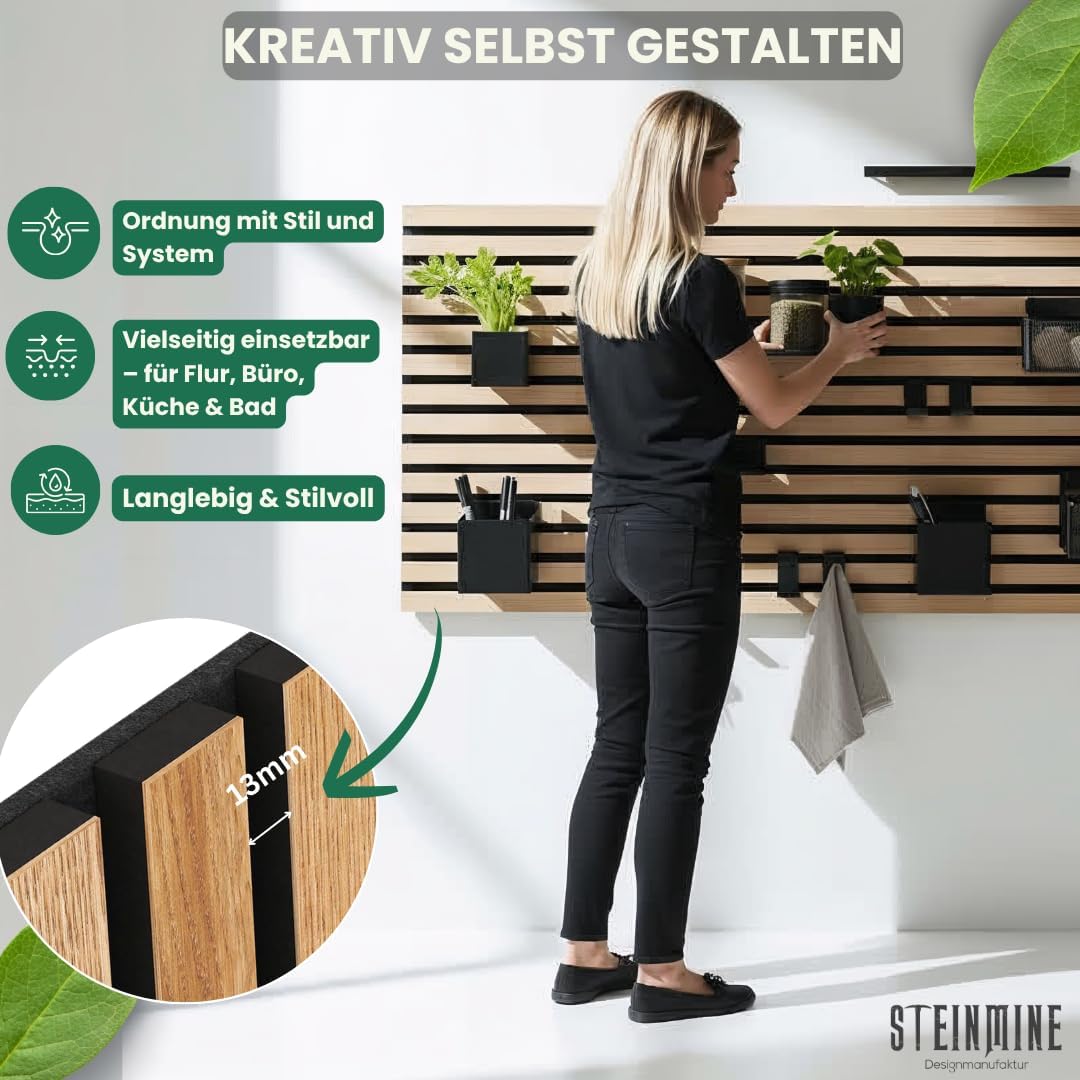 Steinmine - Designmanufaktur Wandorganizer (40 x 60 cm) - Akustikpaneel mit Eichenholzlamellen - ink