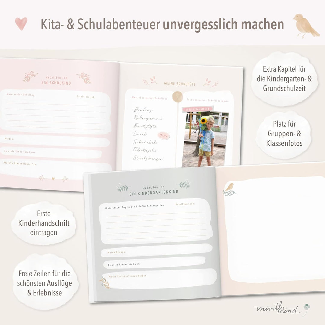 mintkind® "Meine Kindheit" Erinnerungsalbum Rosa Blumen Design + Sticker Set I deine ersten 10 Jahre