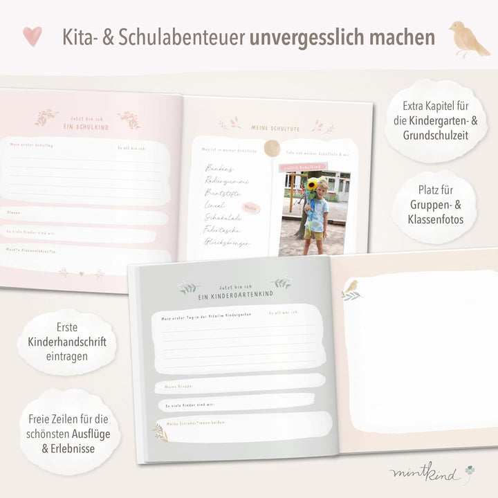 mintkind® "Meine Kindheit" Erinnerungsalbum Rosa Blumen Design + Sticker Set I deine ersten 10 Jahre