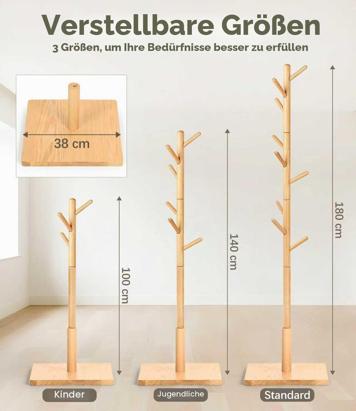 Garderobenständer, Kleiderständer aus Buchenholz Massivholz in Baumform für Kleidung, 9 Haken, 180 x