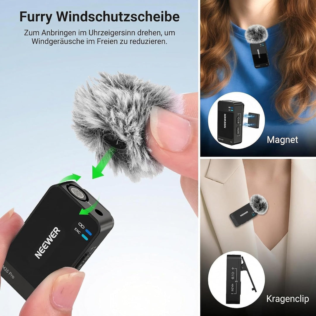 NEEWER CM26 Pro AI Drahtloses Mikrofon kompatibel mit iPhone Android Kameras PCs, Ansteckmikrofon DS