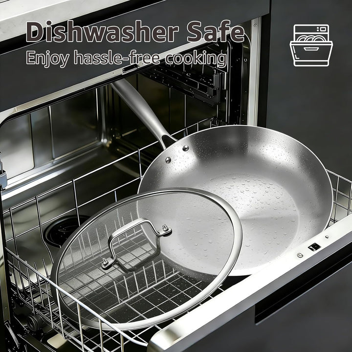 Inqibee Edelstahlpfanne Bratpfanne Unbeschichtet 26 cm mit Deckel - Pfanne Edelstahl, Stainless Stee