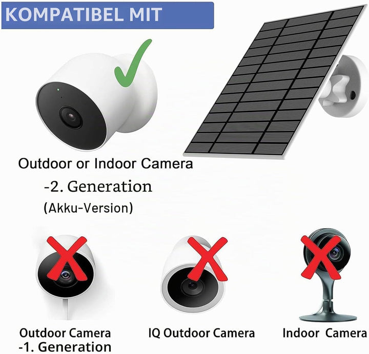 2 Stück, verbessert, mit Ladewarnung, Atemlicht. 6 W Solarpanel, kompatibel mit Google Nest-Kamera f