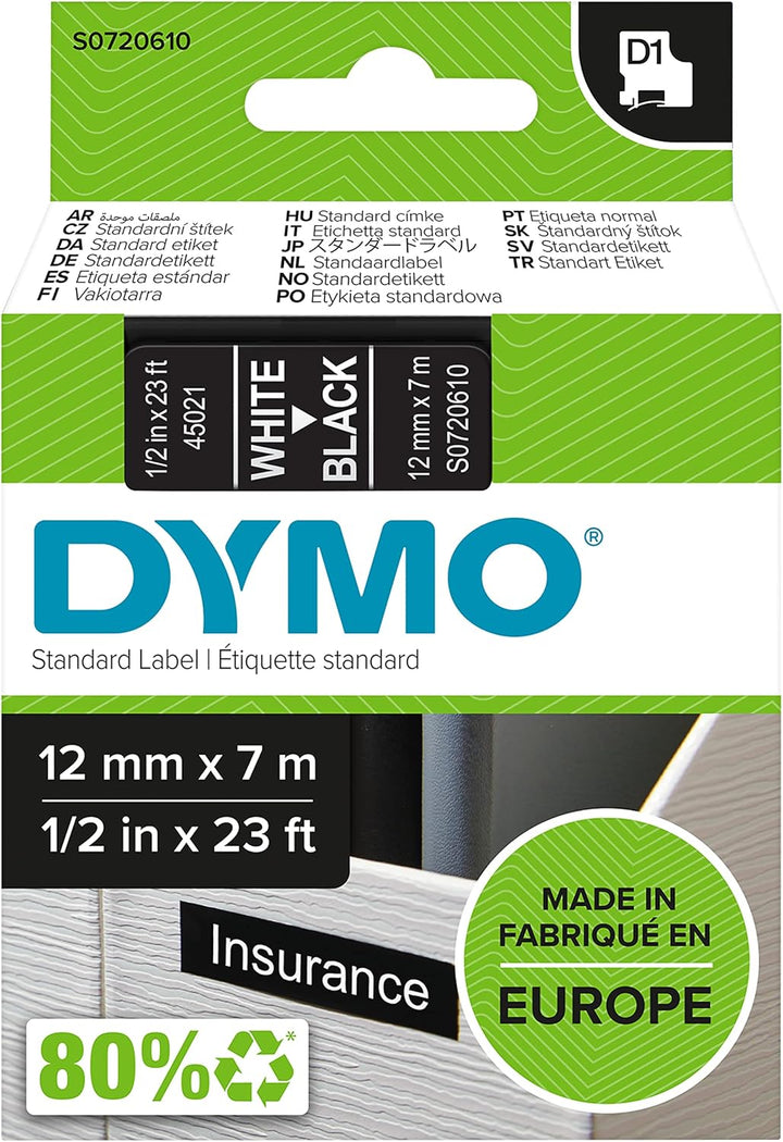 DYMO Original D1-Etikettenband | weiss auf schwarz | 12 mm x 7 m | selbstklebendes Schriftband | für