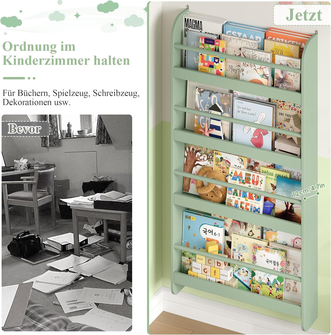 FOREHILL Bücherregal Kinder, Wandregal mit 4 Ablagen, Kinderregal für Bücher Spielzeug, Hängeregal D