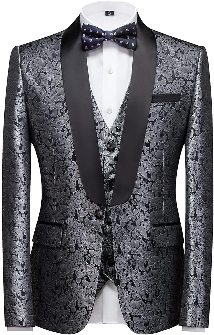 KUDORO Herren Anzüge 3-Teilig Slim Fit Paisley für Hochzeit Party Eine Knöpfe Jacquard Smoking Herre