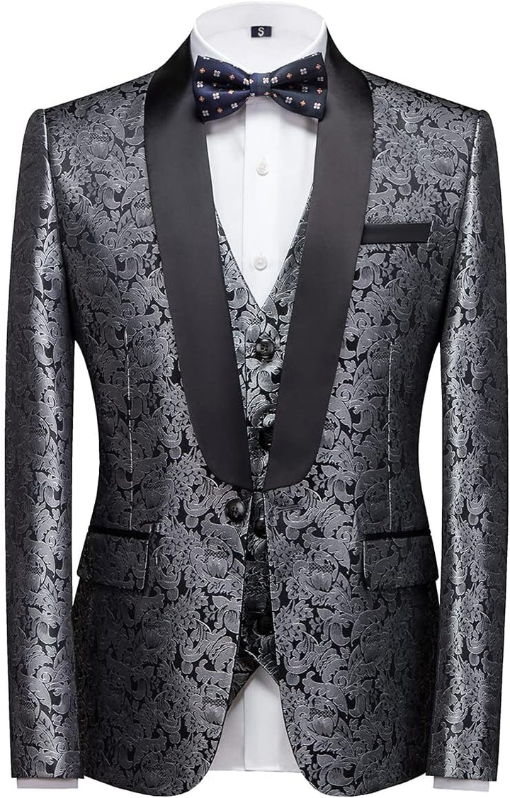 KUDORO Herren Anzüge 3-Teilig Slim Fit Paisley für Hochzeit Party Eine Knöpfe Jacquard Smoking Herre