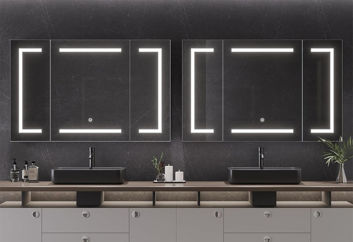 DICTAC Spiegelschrank Bad mit LED Beleuchtung und Steckdose 100x60x13.5 cm Metall Bad Spiegelschrank