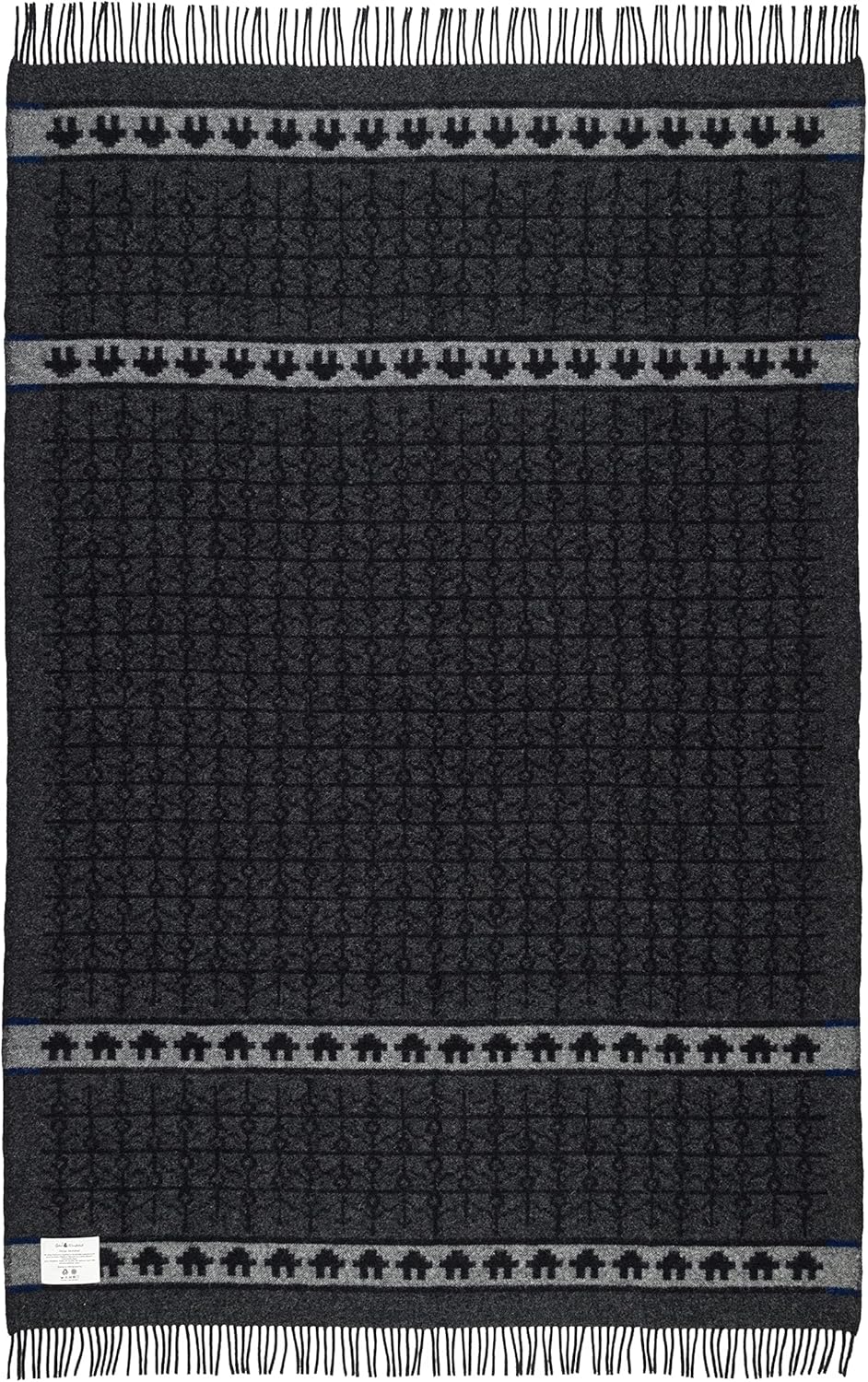 ÖJBRO VANTFABRIK "Ekshärad Natt gewebte Wolldecke mit Fransen 130x220 cm schwarz/grau/blau 100% Meri