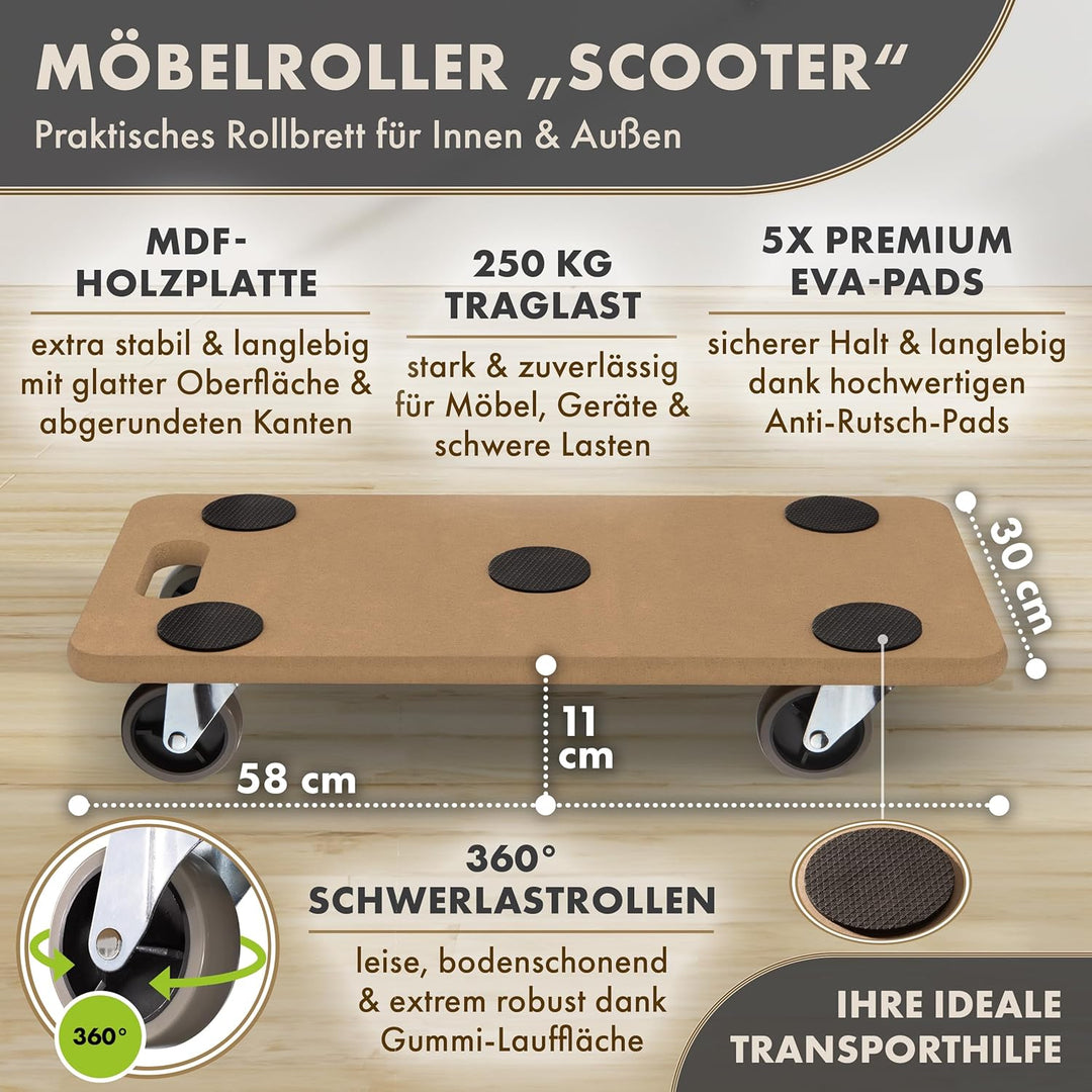 TTL Home Möbelroller Scooter 58x30x11cm - 250kg Traglast Rollbrett & Transportroller mit 360° Gummi