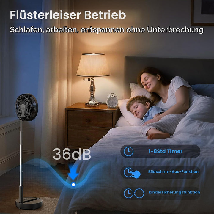 TriPole Tragbarer Standventilator mit LED-Anzeige, Akku, 28,5 Std. Laufzeit | Oszillierender Ventila