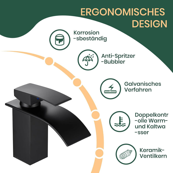 Wasserhahn Bad, Wasserfall Waschtischarmatur Bad, Mischbatterie Waschbecken für Badzimmer, Einhandmi