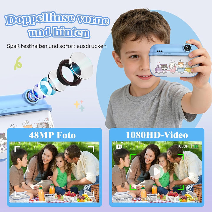 Sofortbildkamera Kinder, 48MP Kinderkamera Sofortbildkamera mit Dual-Kamera, mit Druckpapier & 32G T