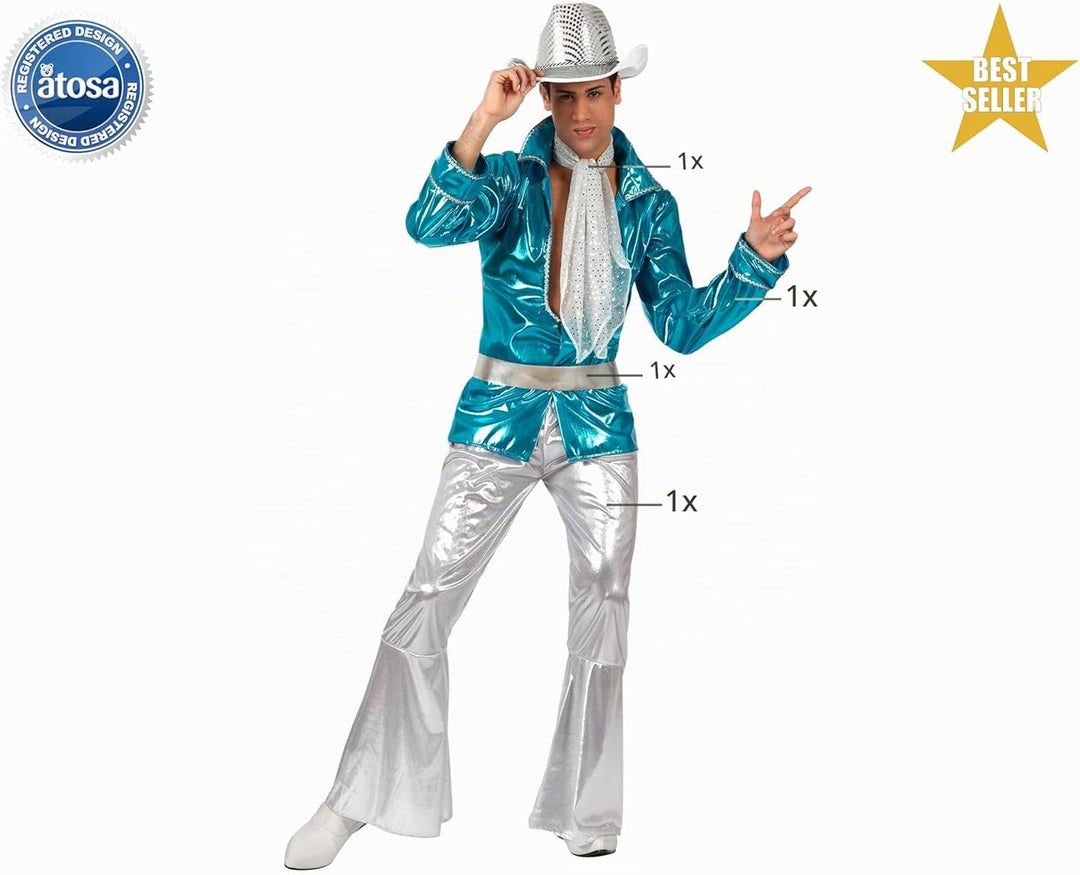Atosa Kostüm für Herren, Disco, Blau XXL Blau, XXL Blau