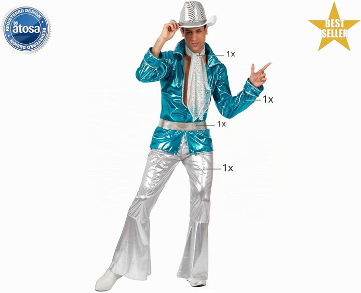 Atosa Kostüm für Herren, Disco, Blau XXL Blau, XXL Blau
