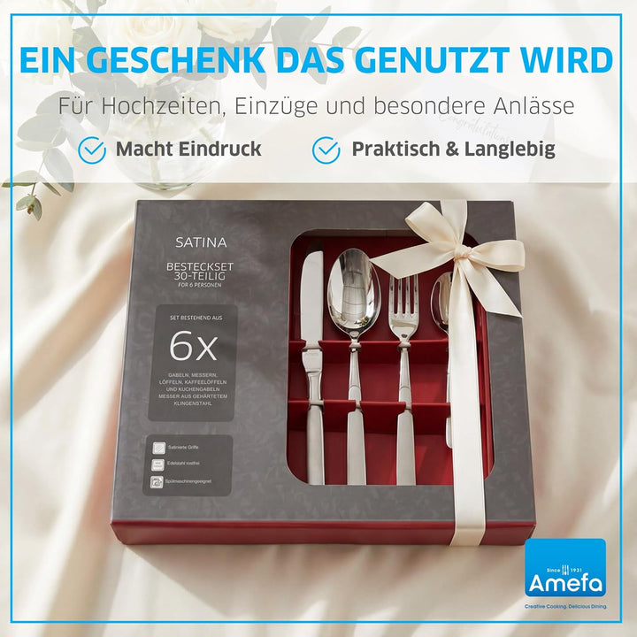 Amefa SATINA Besteck Set 30-teilig, Besteck für 6 Personen, Spülmaschinenfest, Besteck Rostfrei 18/1