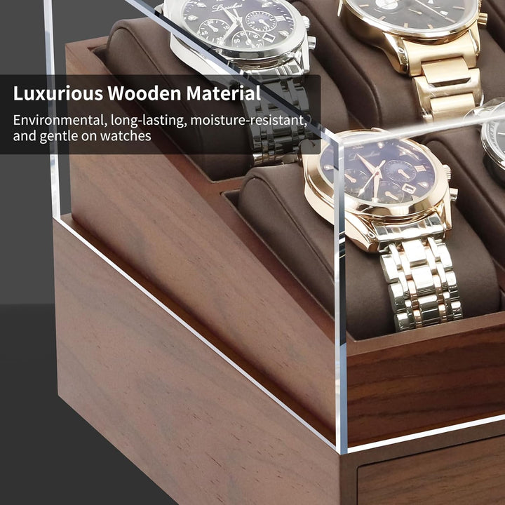 KAMIER Edle Uhrenbox Herren mit 10 Fächern, 2 Ebenen, Acryl-Deckel, Schublade & herausnehmbaren Kiss