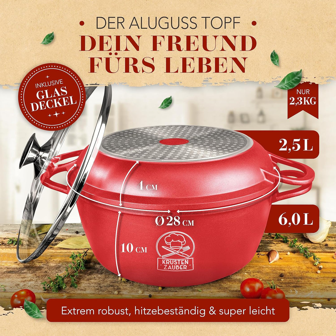 KRUSTENZAUBER 28cm Aluguss Bräter mit Deckel backofengeeignet [inkl. Glasdeckel] - 6L Aluminium Schm