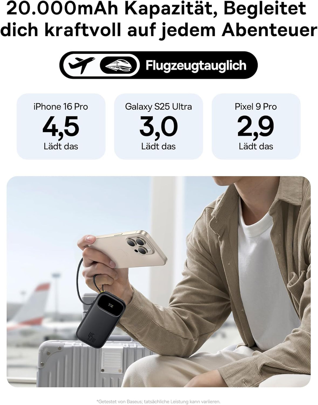 Baseus QPow3 Powerbank 45W 20000mAh mit 2 integriertem USB-C Kabel, Power Bank PD3.0 QC4.0, 3 USB C