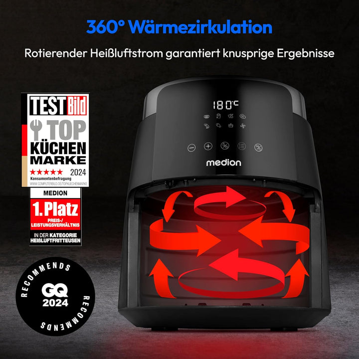 MEDION P40 L Heissluftfritteuse (4,7 Liter, Airfryer, 1500 Watt, einfache Bedienung, ölfreies Fritti