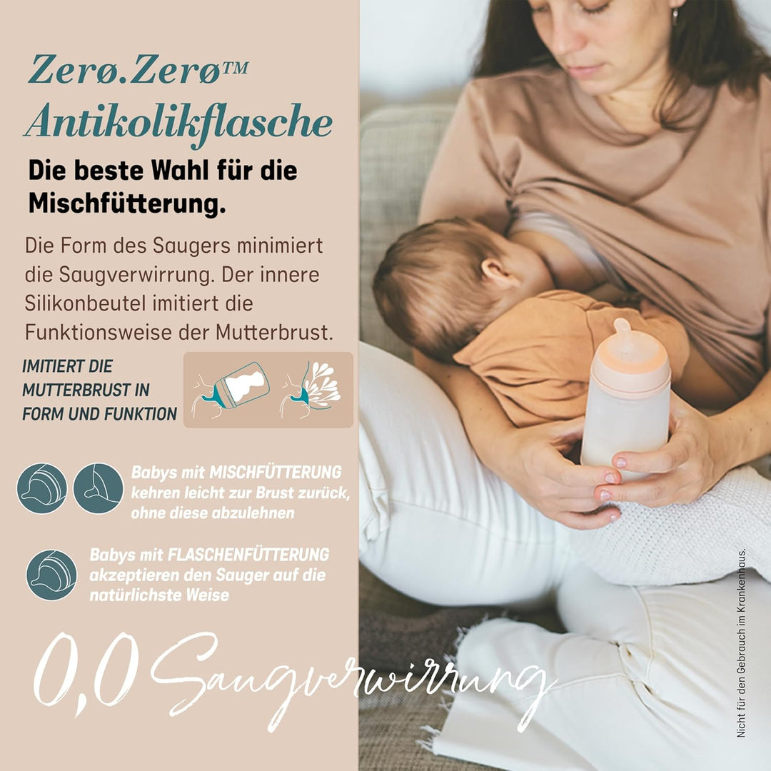 Suavinex, 2er Pack Anti-Colic Babyflasche Zero Zero,mit mittlerem Silikonsauger (M), für Babys ab 3