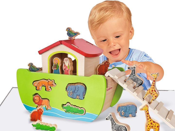 Eichhorn 100002084 - Steckspiel Arche Noah mit 16 Steckfiguren, abnehmbare Dach- und Rumpfteile, 14x