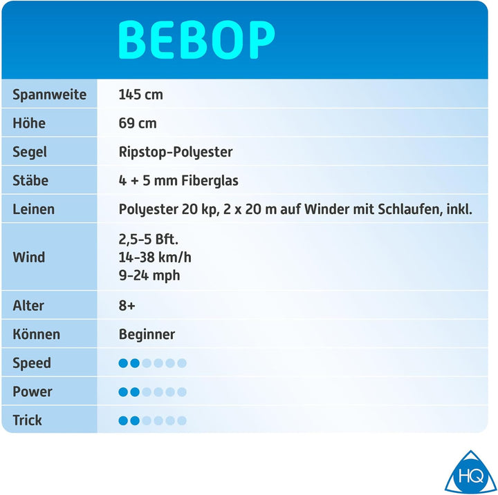 HQ Design - Bebop, Lenkdrachen Zweileiner Flugdrachen Allround Drachen für Kinder und Erwachsene ab