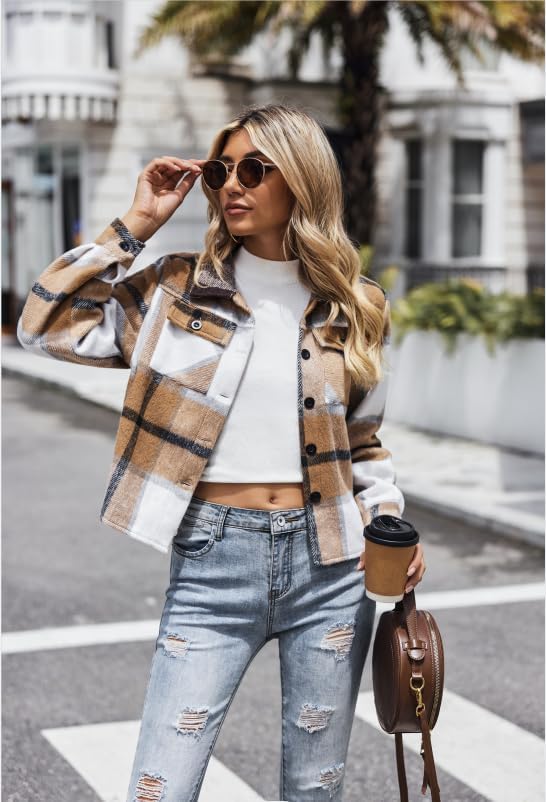 Zeagoo Damen Flanell Jacke Karierte Langarm Kurzjacke Revers Button-Down Shacket Mantel Braun 554 XS